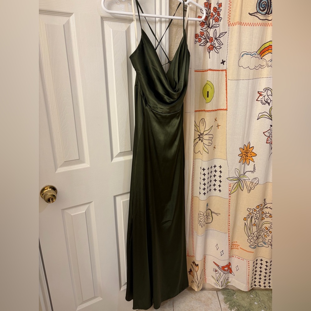 David’s Bridal Galina Signature - Martini Olive Satin Cowl Dress w/ Lace Up Back